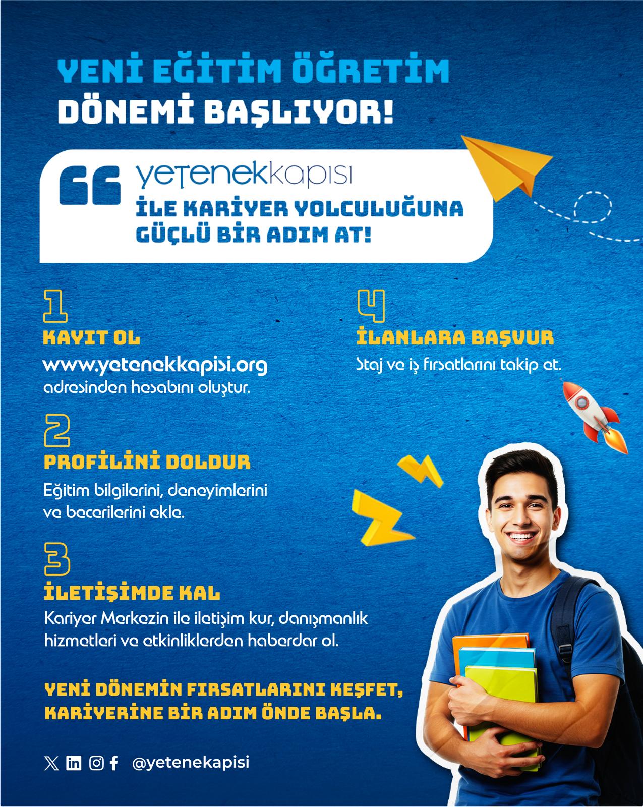 Genç üniversiteli! Yetenek Kapısı ile kariyer etkinliklerinden haberdar olabilir, danışmanlık hizmetinden faydalanabilirsin.